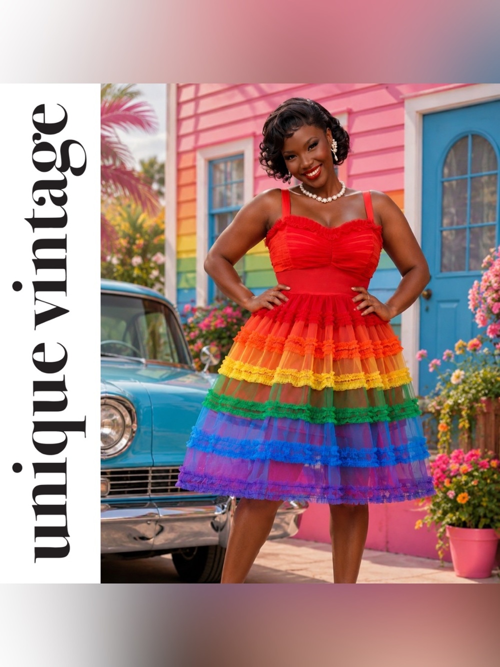 Unique Vintage 1950s Rainbow Tiered Sheer Skirted Mini Swing Dress, 1X, NWT!
